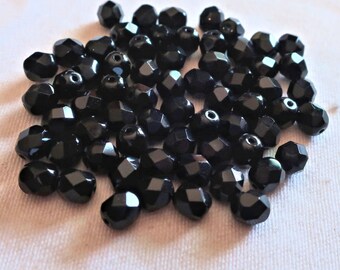 Lot of 25 6mm Jet black Czech glass beads - firepolished faceted round glass beads C1301