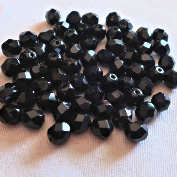 Lot of 25 6mm Jet black Czech glass beads - firepolished faceted round glass beads C1301