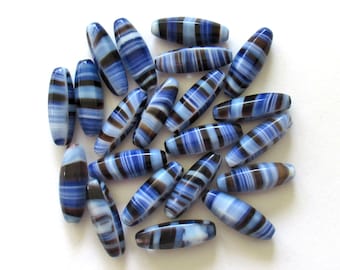 Large Czech glass tube beads - marbled blue, black & white striped - 22 x 9mm - 10 beads - C0038