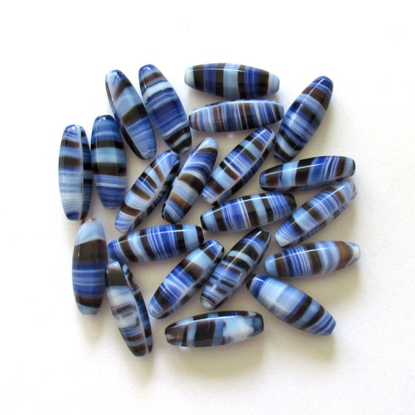 Cuentas tubulares grandes de vidrio checo, con rayas azules, negras y blancas jaspeadas, 22 x 9 mm, 10 cuentas, C0038