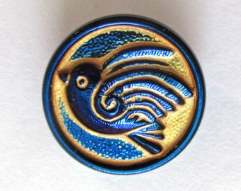 One 18mm Czech glass bird button -  dark iridescent blue with a gold wash - art glass decorative shank buttons 000432