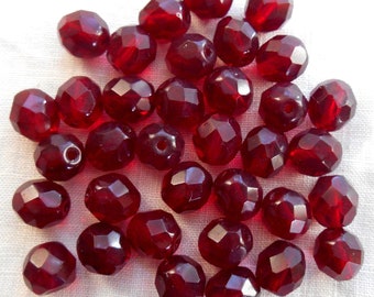 25 8mm Ruby Red - Light Garnet Czech glass beads, fire polished, faceted round beads, C6525