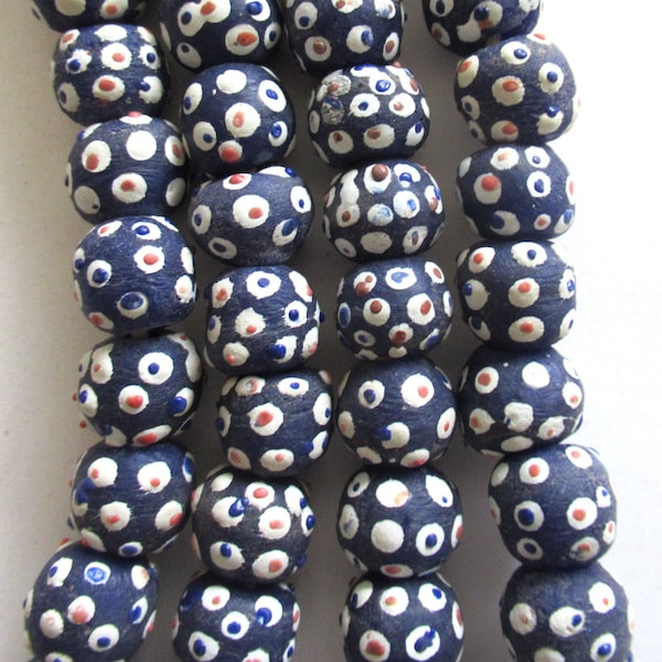 Lot of 8 African Ghana Krobo round glass evil eye beads - blue beads with color mix dots - 11-12mm - big hole rustic earthy beads - C0039