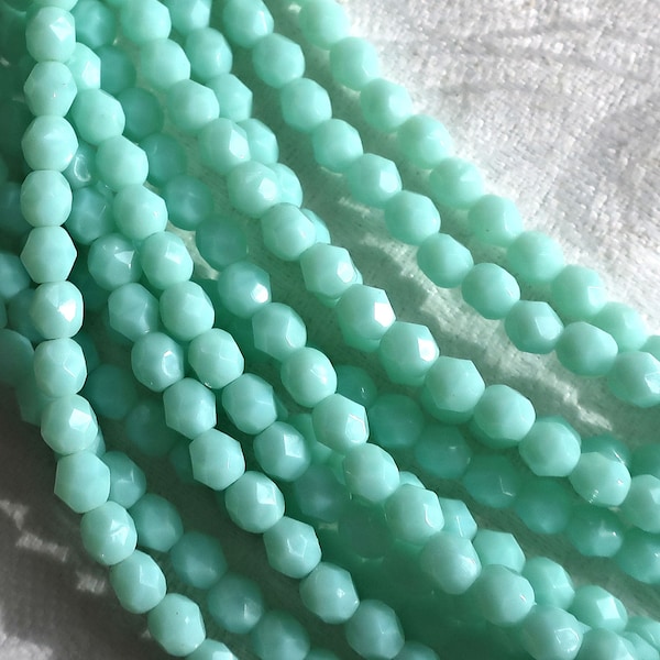 Lot of 50 4mm Opaque Pale Jade Green Czech glass beads, opaque light green faceted. firepolished round beads C8501