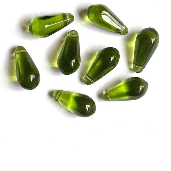 Ten large Czech glass teardrop beads - 9 x 18mm olivine olive green pressed glass faceted side drilled drops six sides C0023