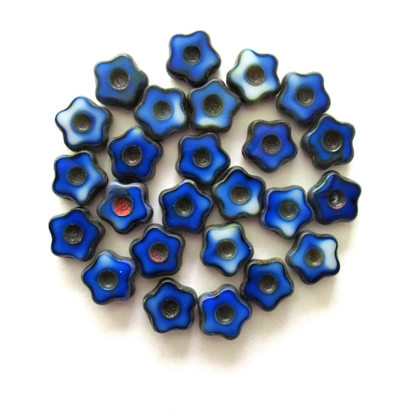 Buy Lot of 10 Czech Glass Flower Beads 11mm Opaque Marbled Blue