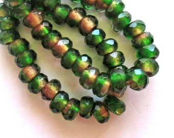 Ten Czech glass roller beads - 8.5 x 5mm emerald green & crystal marbled gold lined, faceted roller, rondelle, big 3.5mm hole beads C00801
