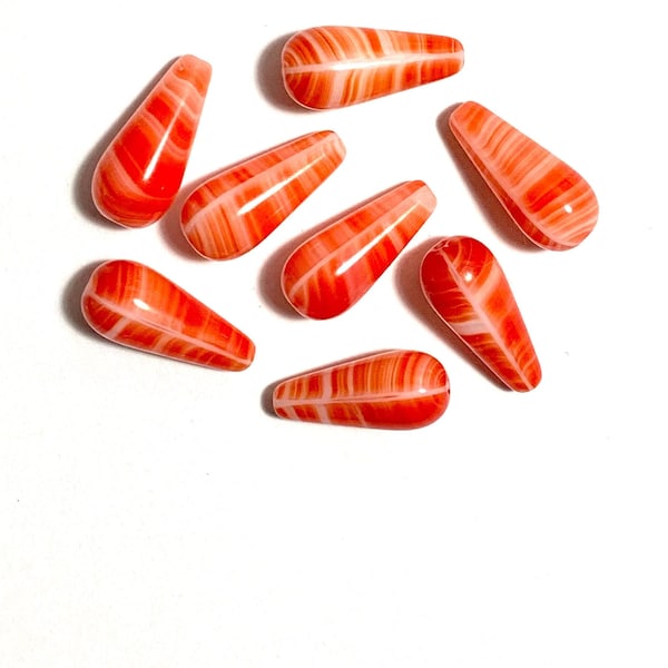 Six large Czech glass teardrop beads - 20 x 9mm red / orange and white striped drop or pear beads - C0056
