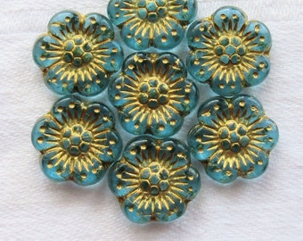 Twelve Czech glass wild rose flower beads - 14mm transparent aqua blue floral beads with a gold wash C05105