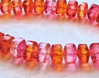 Lot of 6 Czech glass faceted wavy rondelle beads - large 14 x 6mm bright pink & orange chunky rondelles, focal beads  C38101