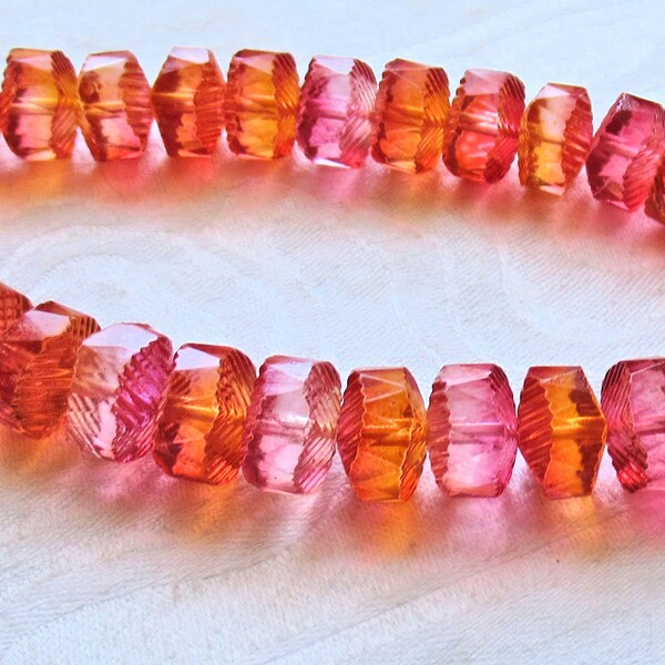 Lot of 6 Czech glass faceted wavy rondelle beads - large 14 x 6mm bright pink & orange chunky rondelles, focal beads  C38101