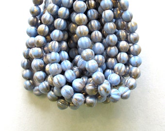 25 Czech pressed glass melon beads - 6mm opaque light periwinkle blue with gold accents - C0018