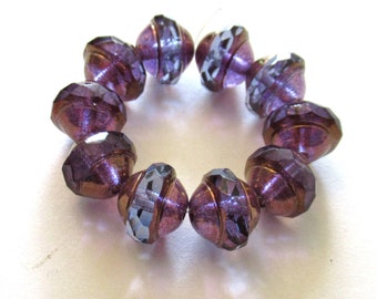 Ten Czech glass saturn beads - 8 x 10mm transparent tanzanite purple faceted saucer beads with a bronze finish C0841