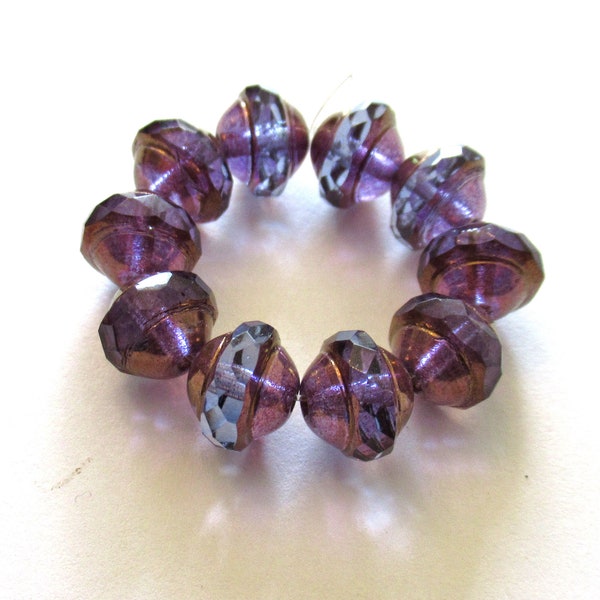 Ten Czech glass saturn beads - 8 x 10mm transparent tanzanite purple faceted saucer beads with a bronze finish C0841