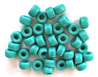 Lot of 25 9mm Opaque Turquoise Blue Green Czech glass pony, roller beads, large hole crow beads, C0097