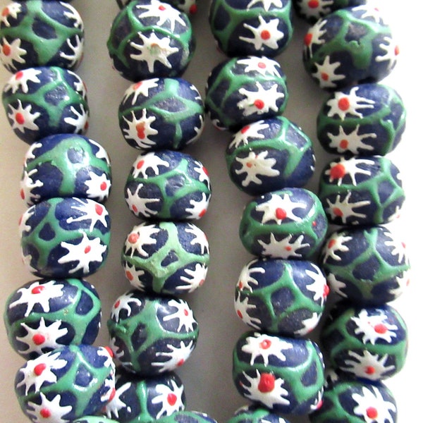 Lot of 8 African Ghana Krobo round glass flower beads -  blue beads with white flowers - 11-12mm - big hole rustic earthy beads - C0039