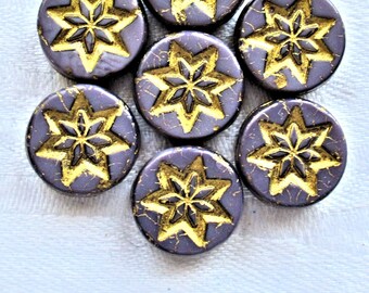 Fifteen 13mm opaque purple coin or disc beads with a silver wash - rustic, earthy star or flower Czech glass beads - 4.5mm thick C05201