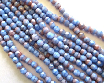 50 4mm faceted Czech glass beads - opaque pink & blue round fire polished beads - C0086