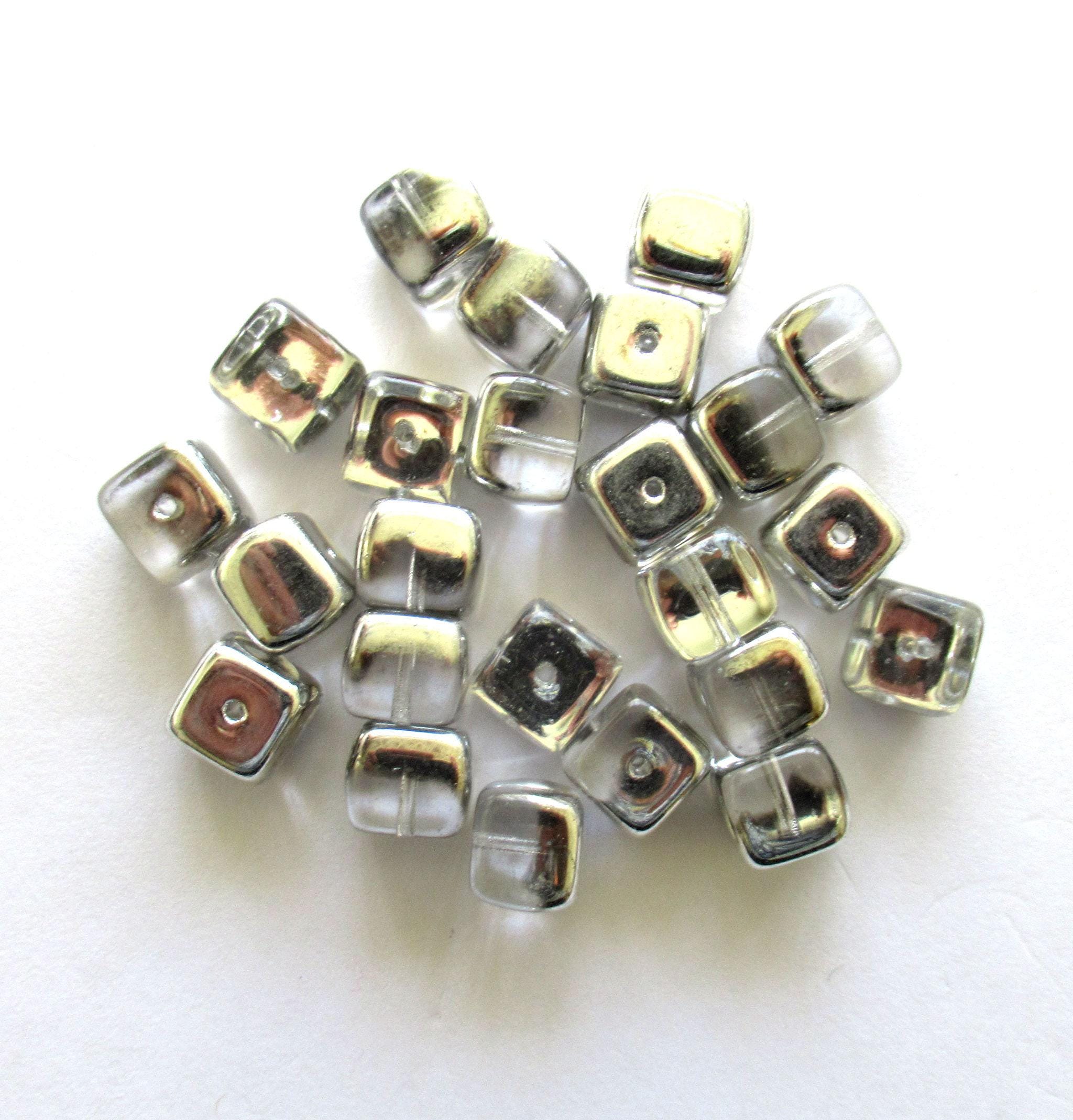 Twenty Czech glass cube beads - 8mm x 11mm crystal silver mix - half silver large cubes  - C0099