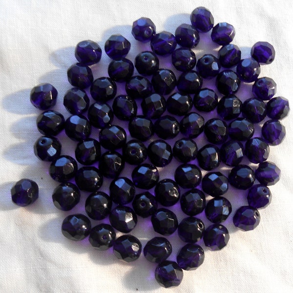 25 8mm Deep violet, purple, tanzanite beads, faceted round fire polished glass beads C0036