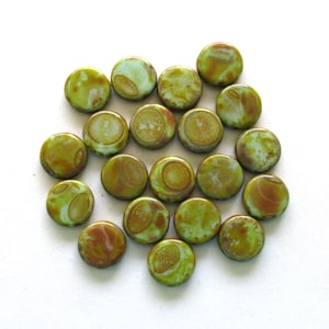Czech glass coin or disc beads - 12mm - light turquoise green beads w/ a full picasso coat - flat round beads - 10 beads - 00118