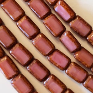 Lot of 24 Opaque silky pink Picasso Czech glass rectangle beads, 12mm x 8mm, C16101
