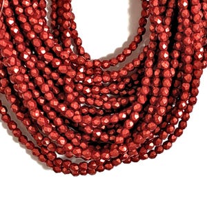 Lot of 50 3mm saturated metallic cherry tomato red Czech glass beads, round, faceted fire polished beads C0076