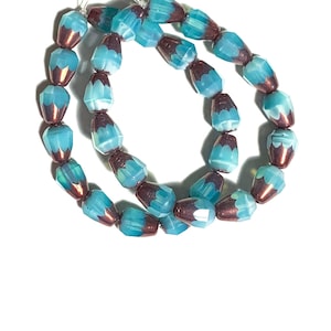 Lot of 15 Czech glass teardrop beads - blue opaline w/ a bronze finish - special cut 8 x 6mm faceted firepolished beads C0051