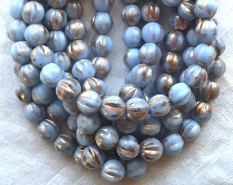 Lot of 25 Czech pressed glass melon beads, 6mm light opaque alice blue with gold accents, C00101