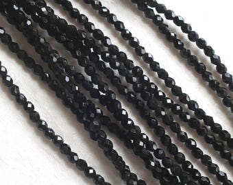 Lot of 50 4mm Jet Black Czech glass beads, round faceted firepolished beads, C0054