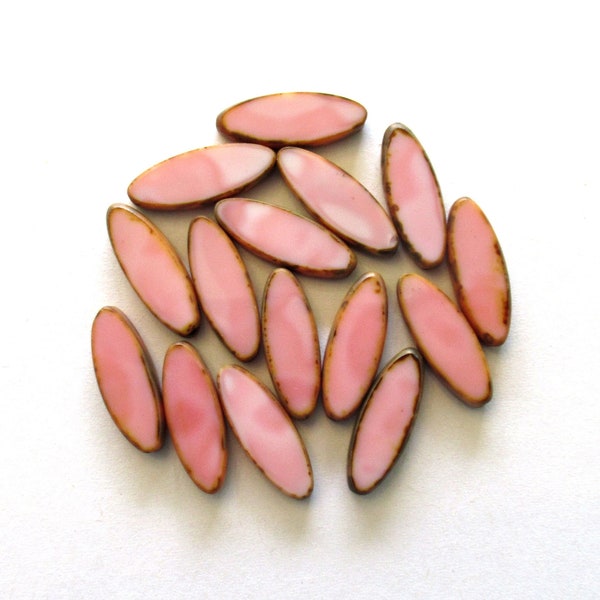 Ten Czech glass spindle beads  - 20 x 7.5mm opaque pink & white marbled, oblong, oval, table cut, picasso beads C03101