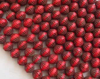 Lot of 15 9mm Opaque Red Picasso bicones, chunky, rustic, pressed glass Czech bicone beads, C94115