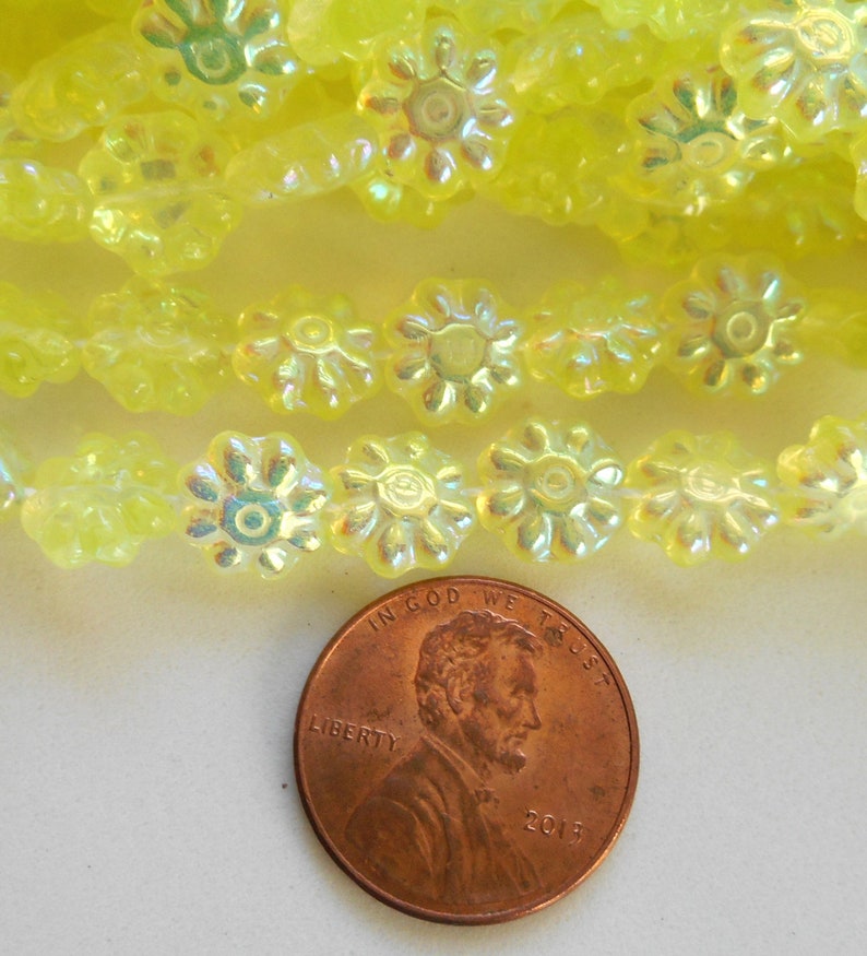 25 9mm Jonquil AB Daisy Discs Czech pressed glass yellow flower beads, C0093 image 3