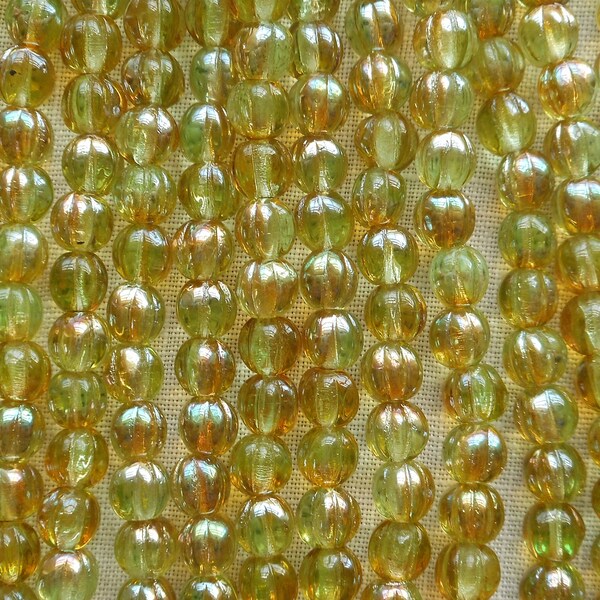 Fifty 5mm Chrysolite Celsian light green, amber melon beads, Pressed Czech glass beads C7850