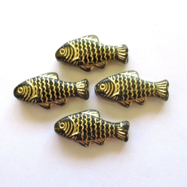 lot of 4 large Czech glass fish beads -  25 x 14mm transparent smoky quartz or gray fish with a gold wash - C0057