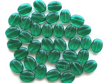 25 Teal Green flat oval Czech Glass  beads, 12mm x 9mm pressed glass beads C7425