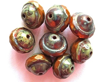 Ten Czech glass faceted saturn saucer beads - 8 x 10mm transparent & opaque mix rust orange brown w/ gray picasso finish - C00911