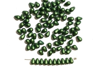 Fifty small Czech glass teardrop beads - 6 x 4mm - matte olive green pearl drop or pear beads - side drilled beads - C0055