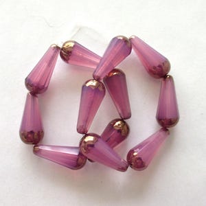 Six Czech glass long faceted teardrop beads - milky pink opal w/ picasso finish on the ends - 9 x 20mm elongated tear drops 00903