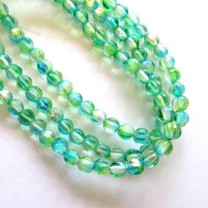 Lot of 25 6mm Czech glass melon beads - transparent blue green with an ab finish  - pressed glass beads C0048