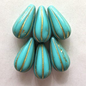 Six large Czech glass teardrop melon beads - turquoise blue green w/ gold accents - 22 x 11mm tear drop beads 00571