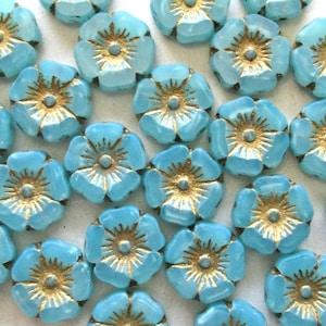 Czech glass flower beads - 12mm - translucent aqua blue opal w/ gold wash - table cut carved - Hawaiian hibiscus flowers - 8 beads - C00691