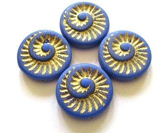 Four large Czech glass snail fossil beads - 18mm opaque matte royal blue with a gold wash -  coin / disc / focal beads C0077