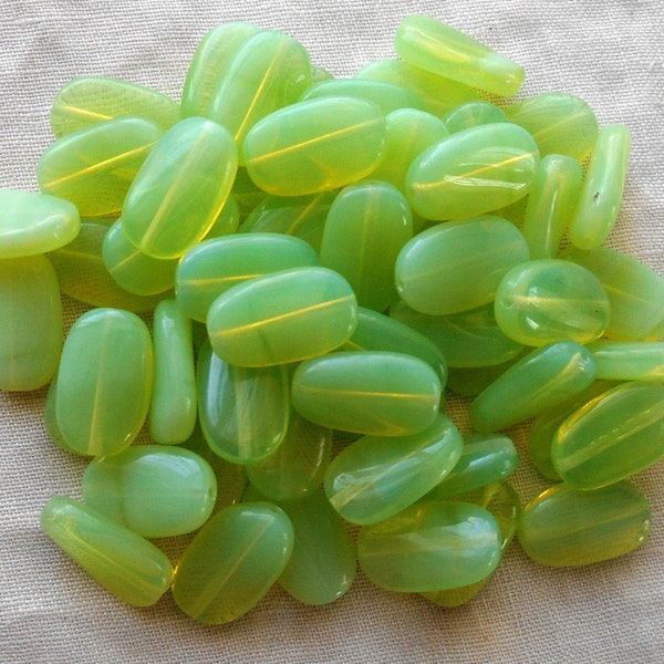 15 Light Mint Green Opal slightly twisted oval Czech Glass beads, 14mm x 8mm pressed glass beads C00021