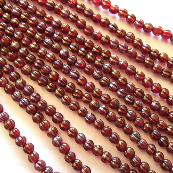 Fifty 5mm Czech glass melon beads - ruby garnet bronze iris transparent red melon beads - pressed glass beads C0026