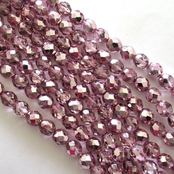 25 8mm Czech glass beads - light Pink metallic Ice - faceted round fire polished glass beads C0048