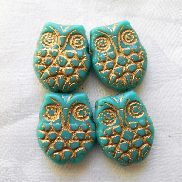 Four large turquoise blue & gold Czech glass owl beads, opaque turquoise blue glass with a gold wash, focal beads, 18mm x 15mm  C00101