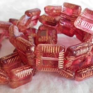 Four 14mm x 6mm fuchsia pink with gold accents table cut carved Czech square flat glass bead, chunky pink bead C63101 image 5