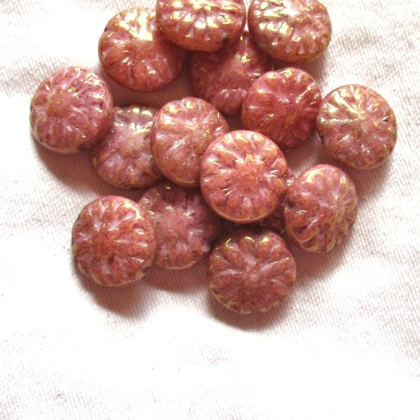 Five Czech glass Dahlia flower beads - 14mm opaque pink luster floral beads