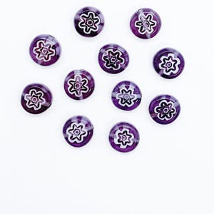 Ten 8mm cane or millefiori glass beads - amethyst purple and white coin or disc beads - C0008